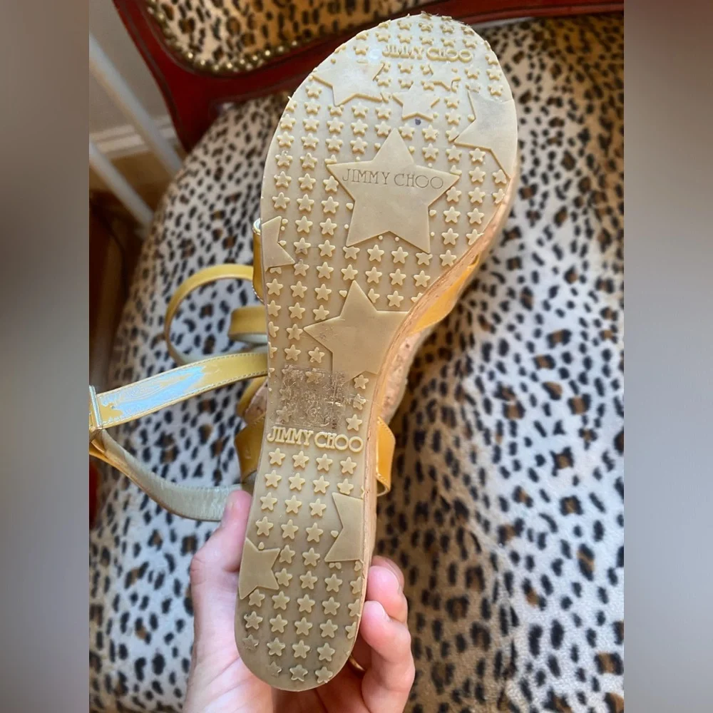 Jimmy Choo patent leather Yellow Cork Wedge Sandals